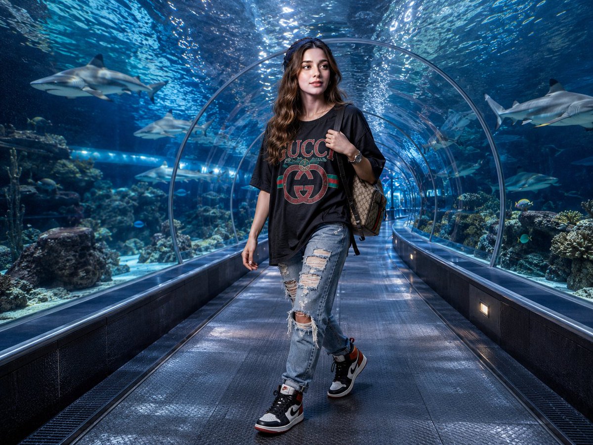 Shark Tunnel High-Fashion Portrait — Sora 2 Prompt