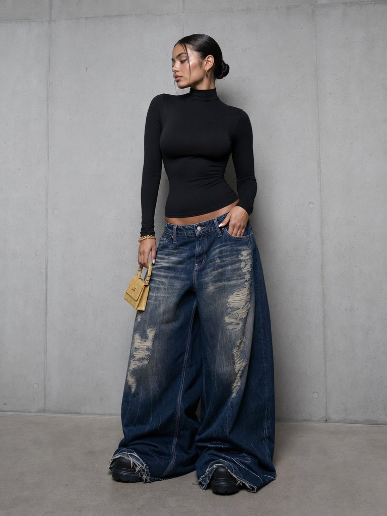 High-Fashion Street Portrait — Oversized Distressed Denim Sora 2 Prompt