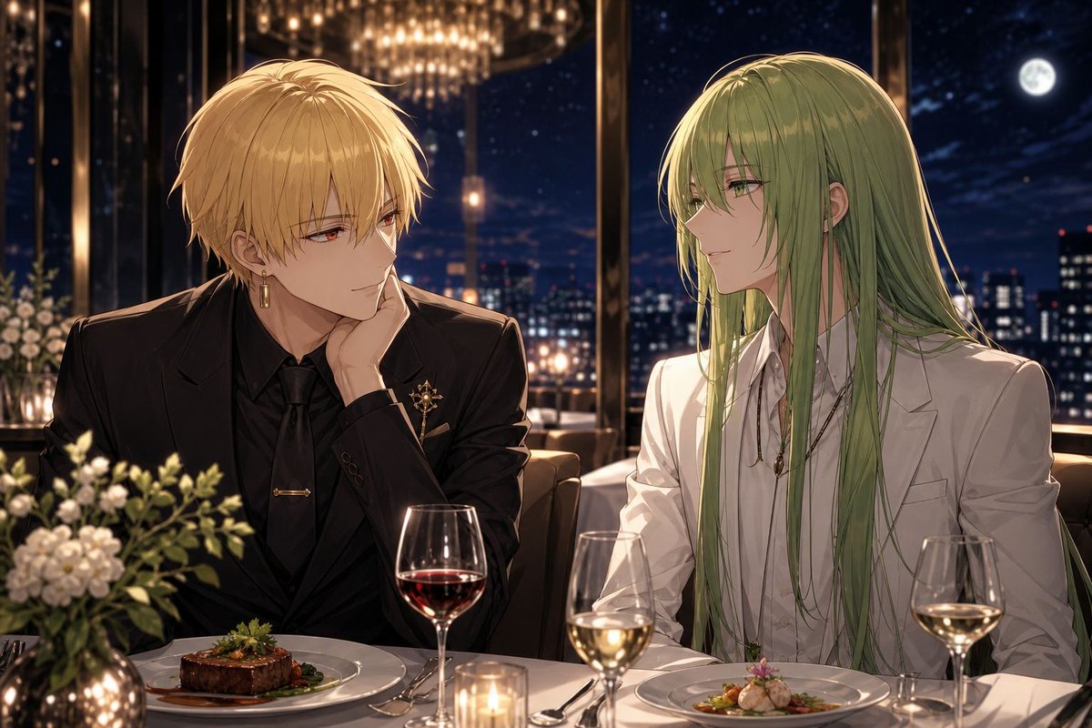 Anime Luxury Dinner Scene — Faceless Mythic Duo Prompt