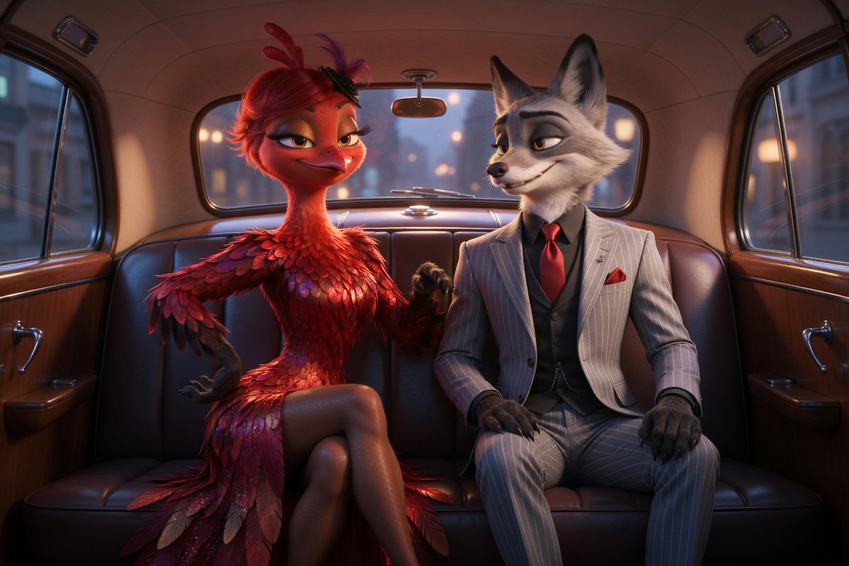 Anthropomorphic Fox & Bird Couple in Vintage Taxi — Sora 2 Prompt