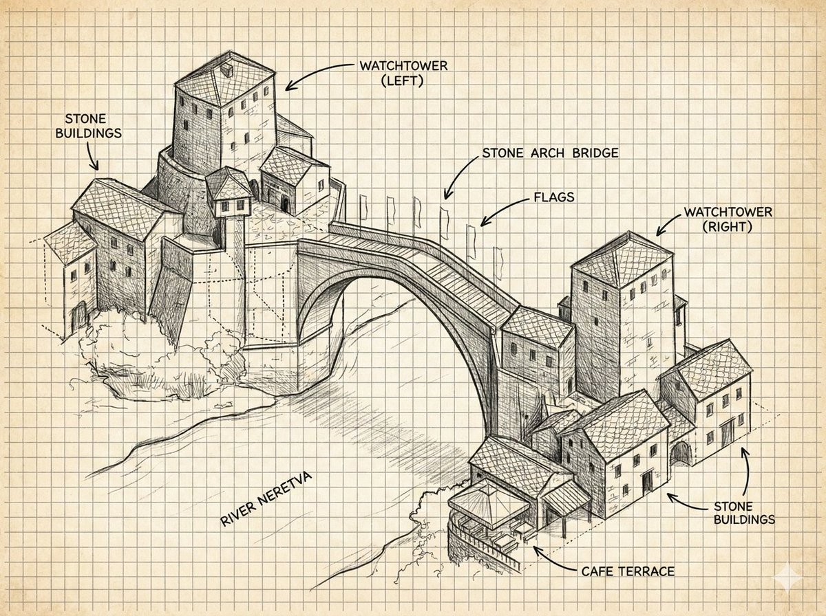 Annotated Stone Bridge Sketch — Architectural Concept Prompt
