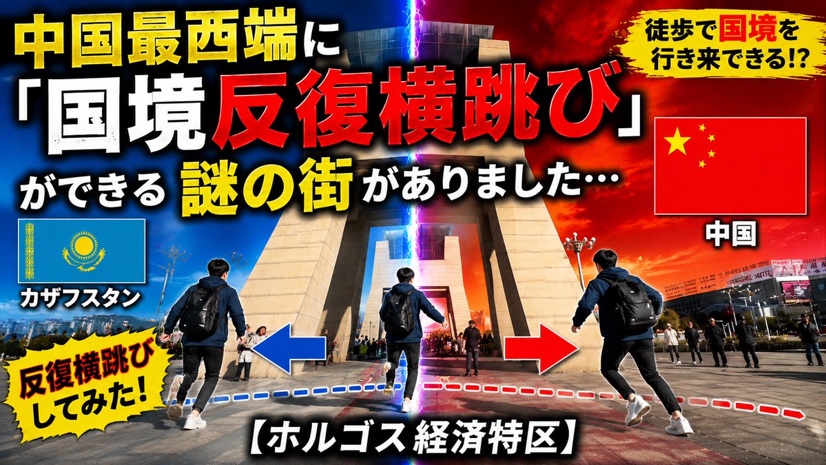 日式 YouTube 缩略图 — 哈萨克斯坦与中国边境穿越