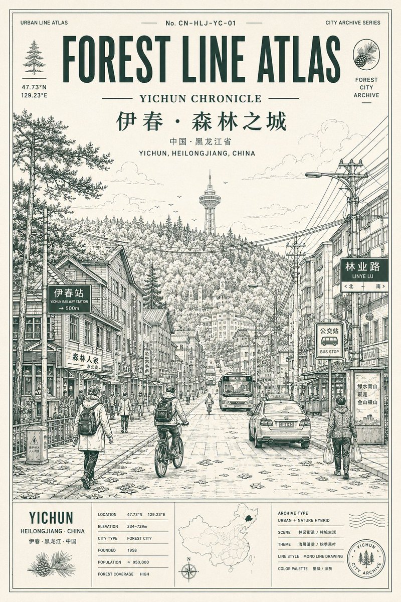 Monochrome City Line Art Poster — Forest City Yichun Chronicle Prompt