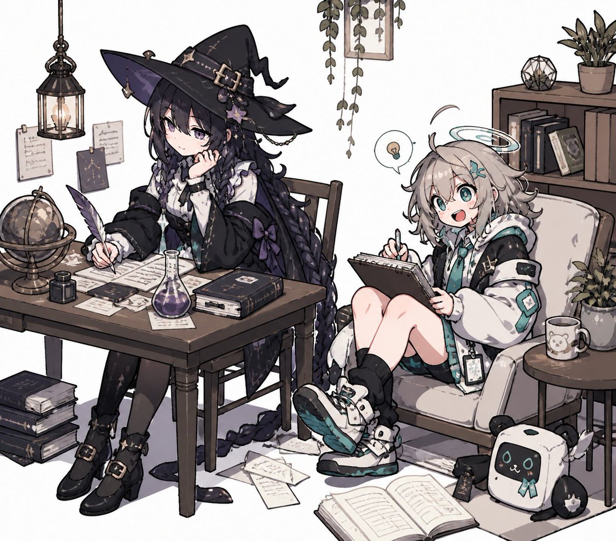 Cozy Witch & Halo Girl Anime Study — Sora 2 Prompt