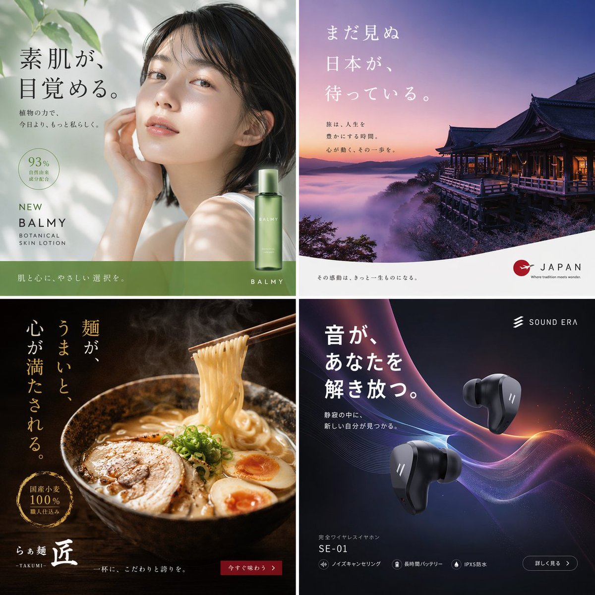 Japanese Ad Poster Grid — Skincare, Travel, Food & Tech
