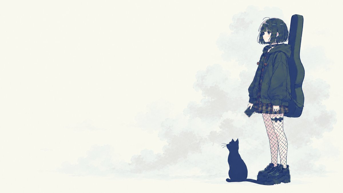 Melancholy Guitar Girl & Cat — Minimalist Anime Prompt