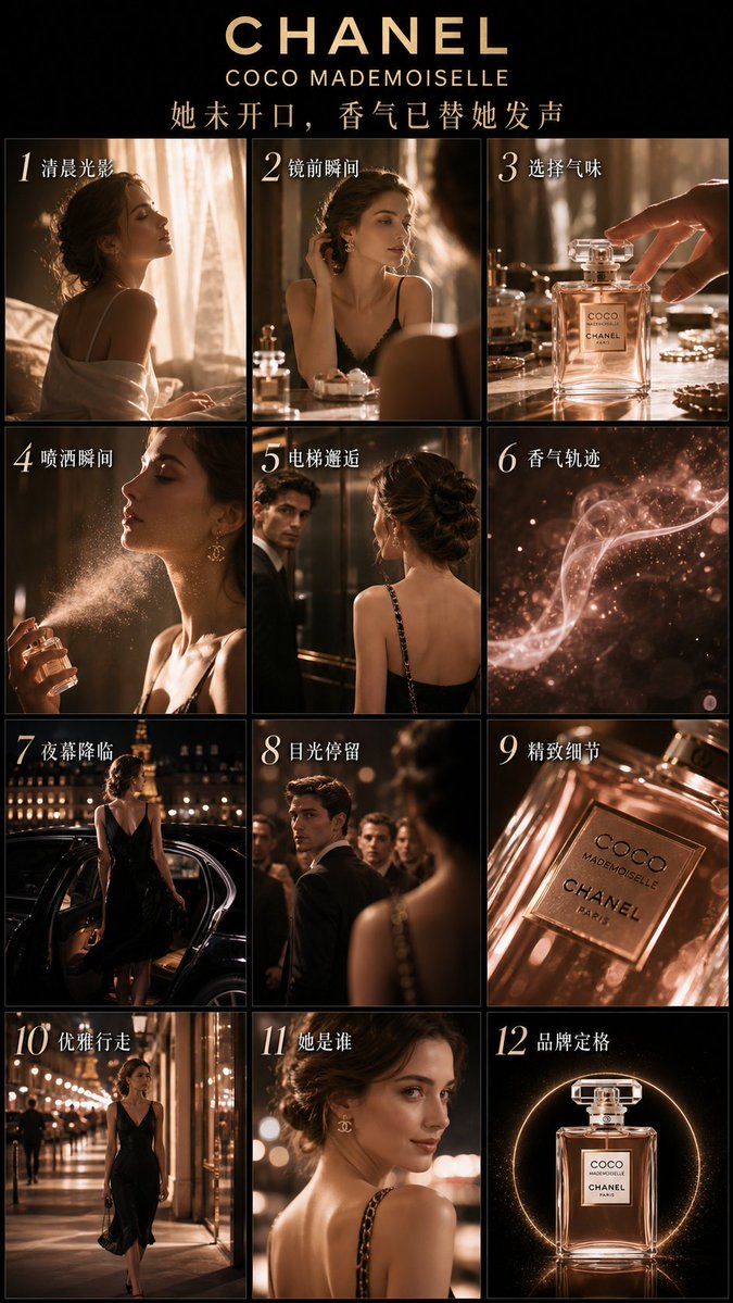 French Luxury Perfume Ad — Cinematic 12-Grid Storyboard Prompt