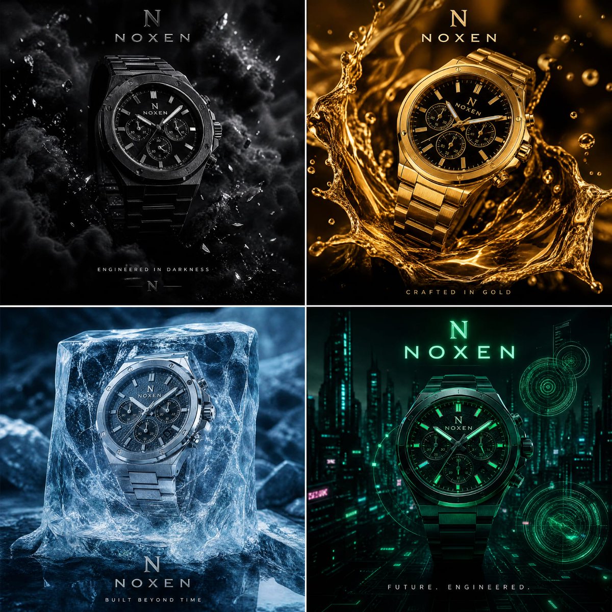 NOXEN 4D Luxury Watch Ad — 4-Panel Cyberpunk, Dark, Gold & Ice