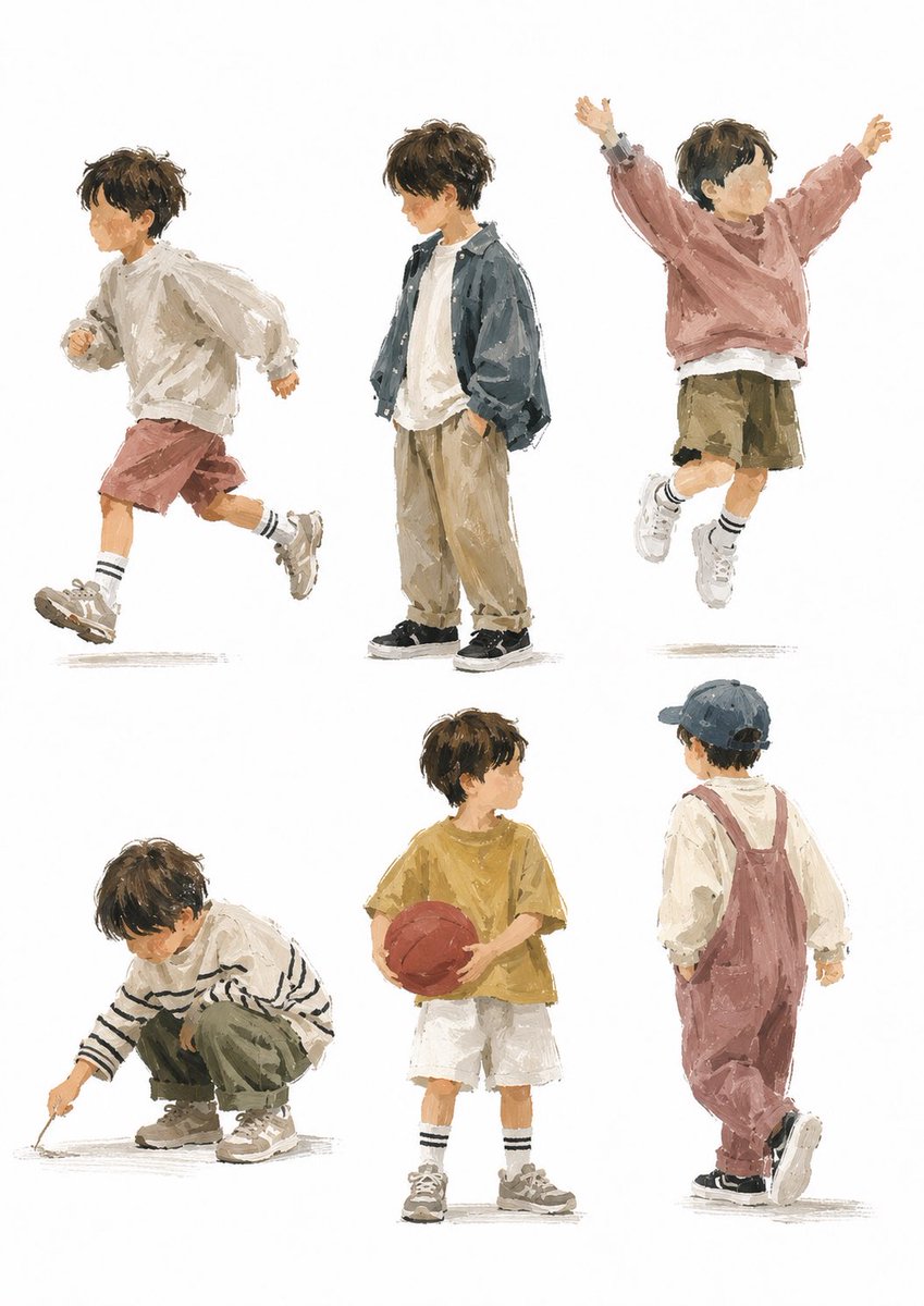 Painterly Boy Fashion Character Sheet — 6-Poses Kids Style Prompt