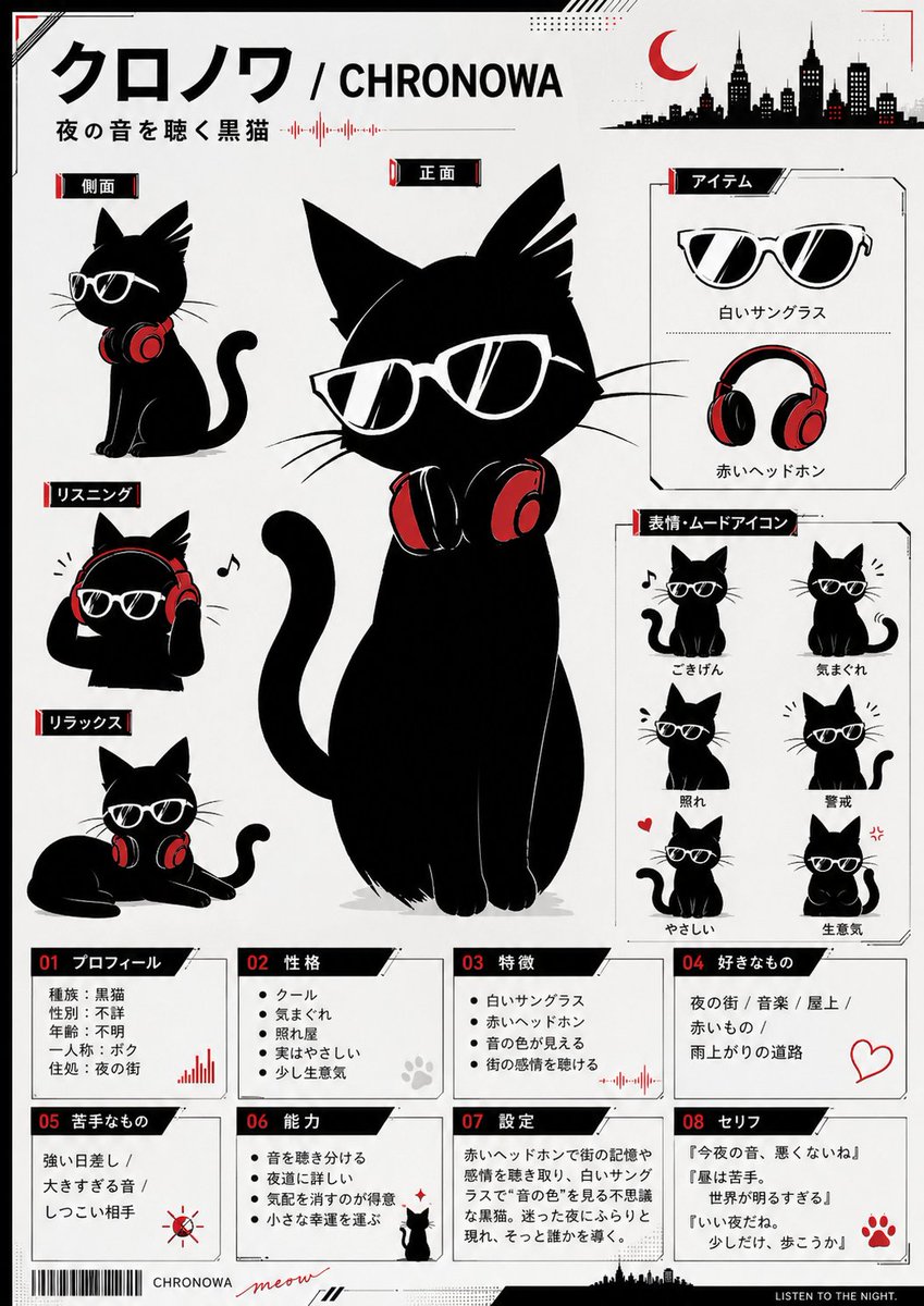 CHRONOWA Black Cat Mascot — Japanese Style Sheet Prompt