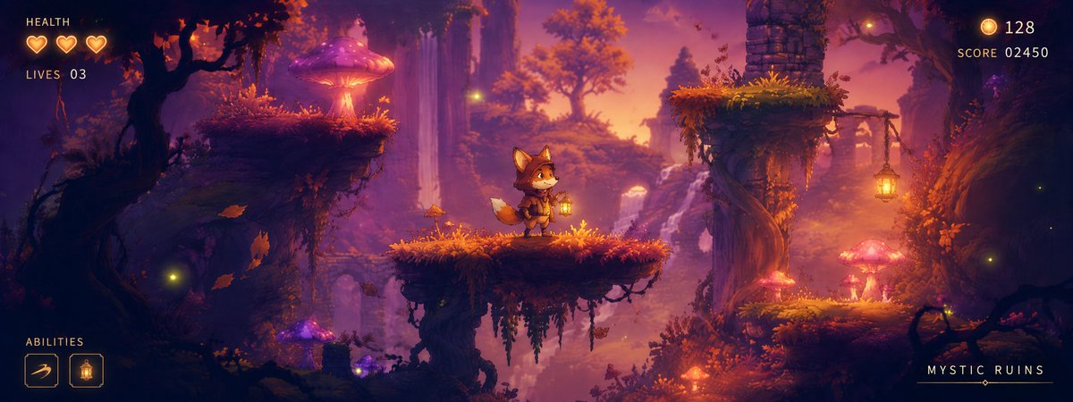 Mystic Ruins 2D Platformer Screenshot — Fox Hero & Glowing Mushrooms