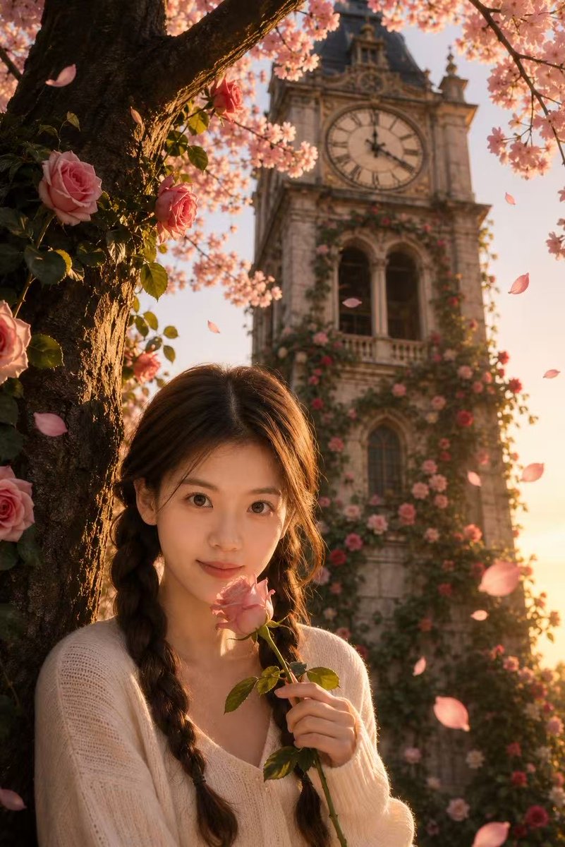 Cherry Blossom & Rose Bell Tower Portrait — Sora 2 Prompt