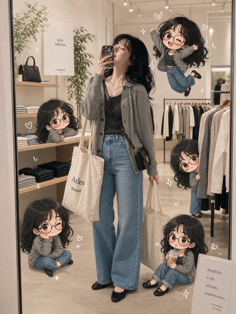 Scrapbook Boutique Mirror Selfie with Chibi Overlays — Sora 2 Prompt