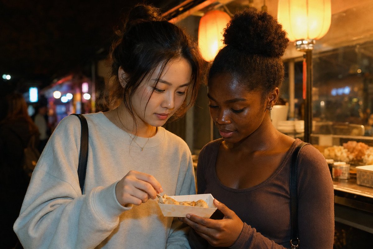 夜市朋友抓拍 — 写实纪录片风格 AI 提示