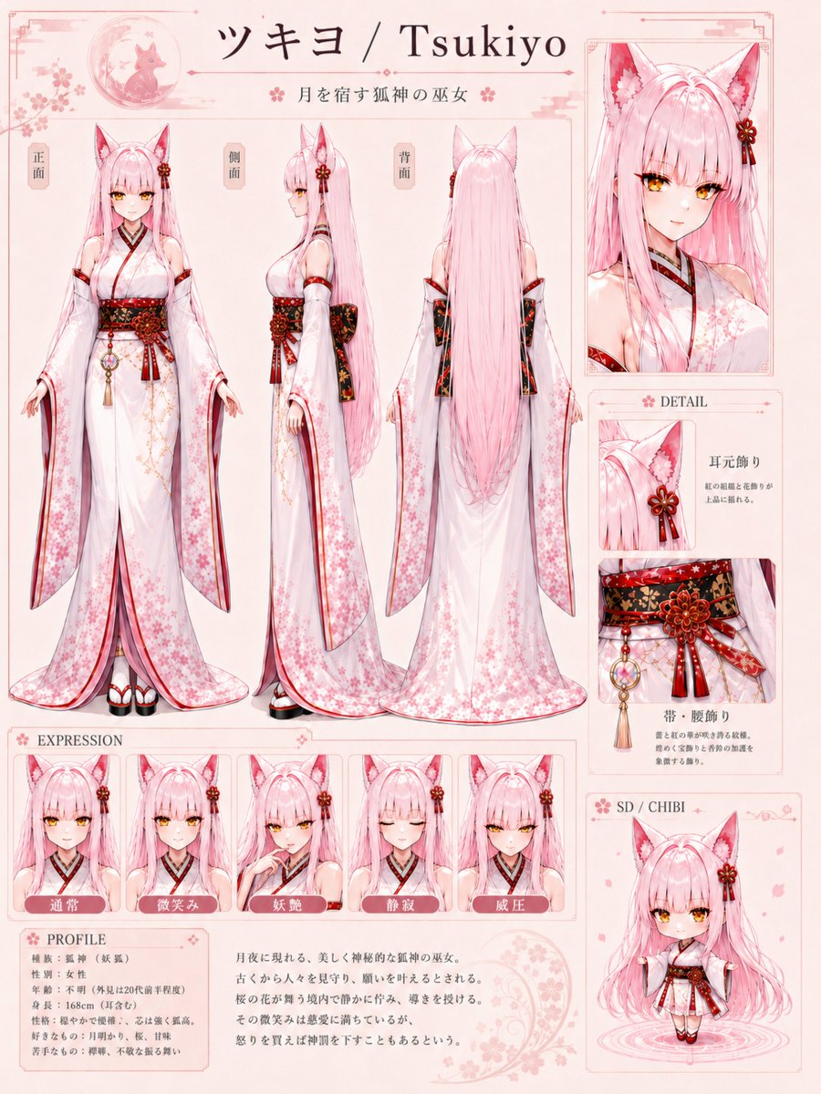 Anime VTuber Fox Miko Character Sheet — Sora 2 Prompt
