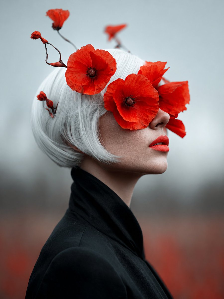 Red Poppy Portrait — Surrealist Fashion Art Prompt