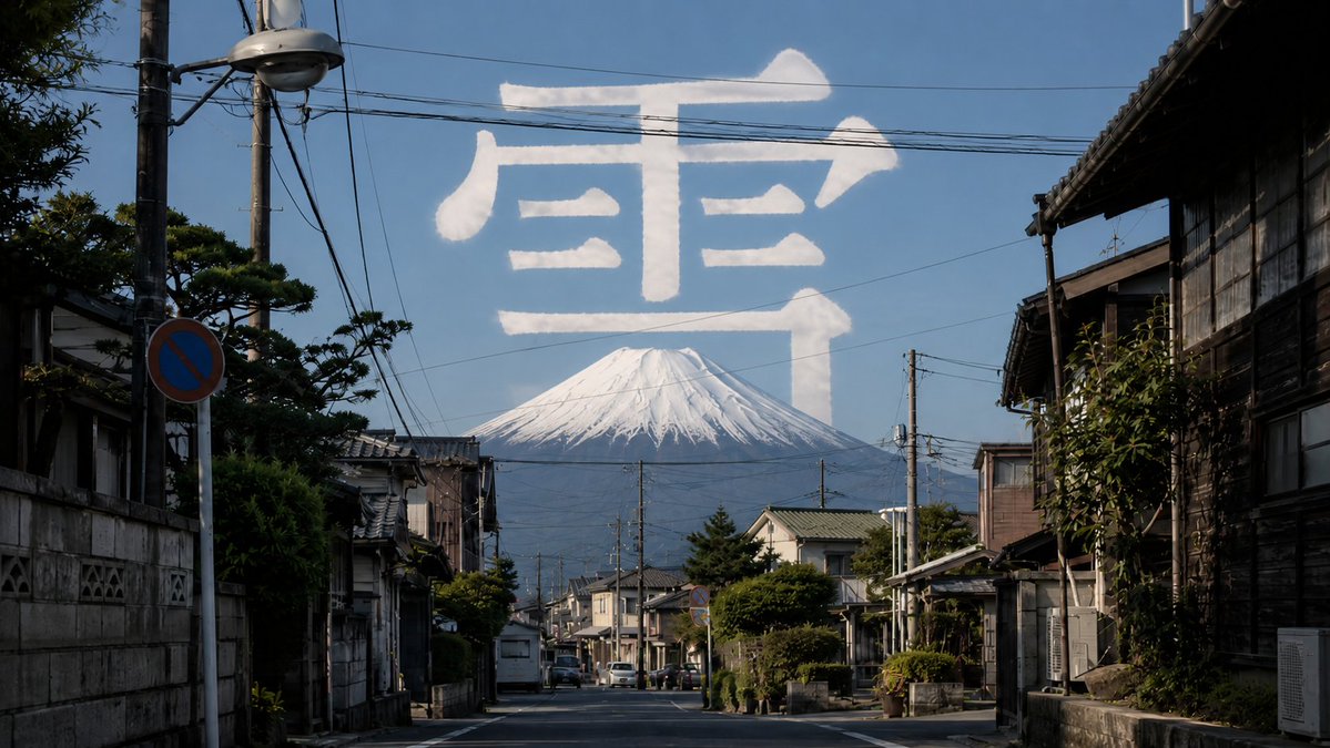 Japan Street Mount Fuji with Cloud Kanji — Sora 2 Prompt