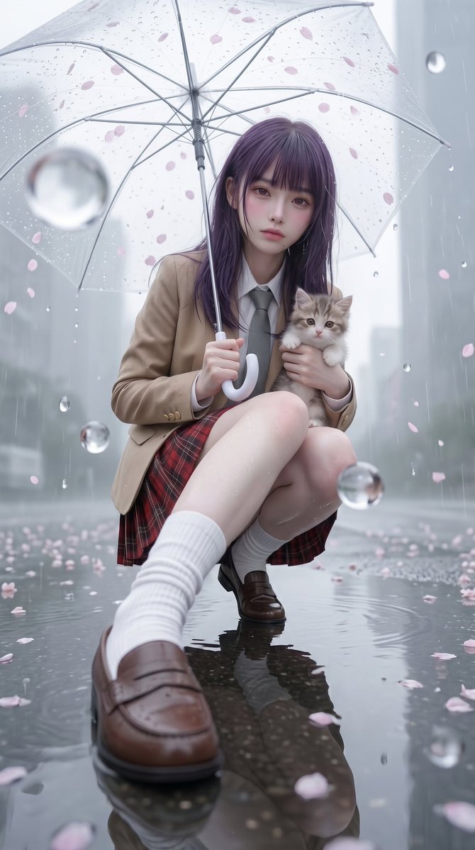 Rainy Sakura Student Portrait — Cinematic Sora 2 Prompt