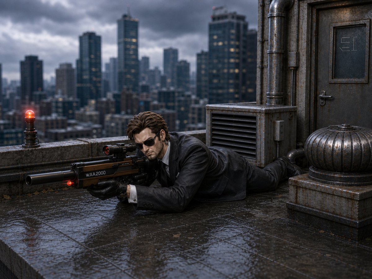 Cinematic Rainy Rooftop Sniper Diorama — Sora 2 Prompt