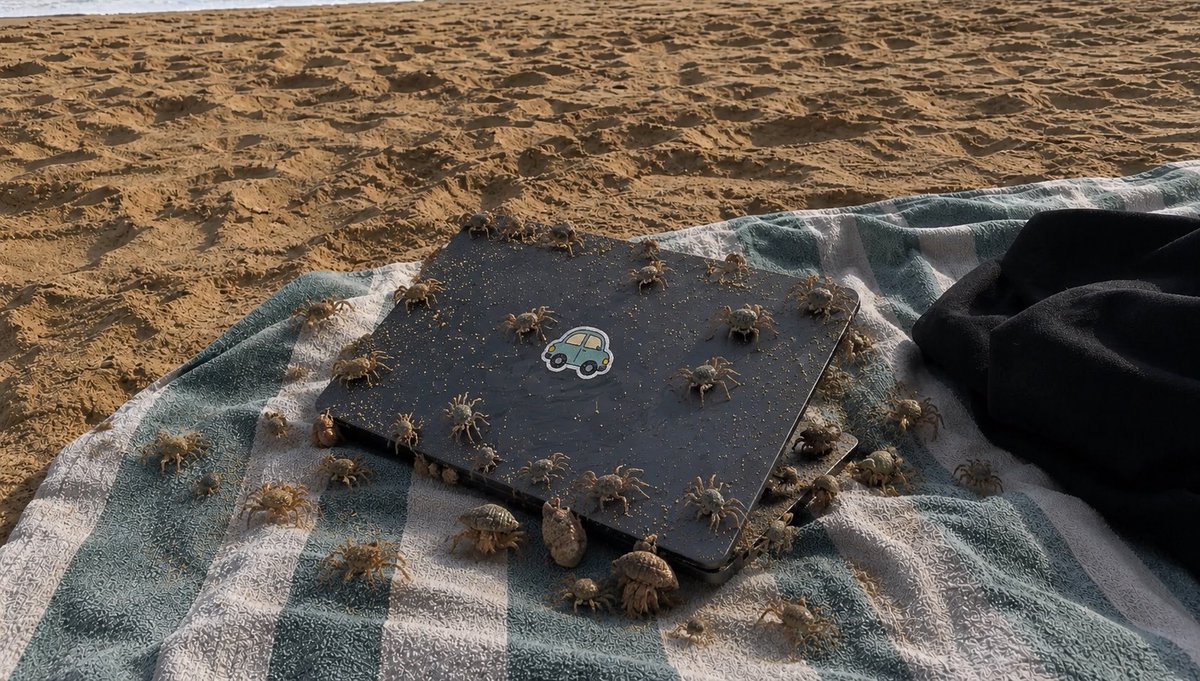 Eerie Beach Crabs & Laptop — Sora 2 Prompt