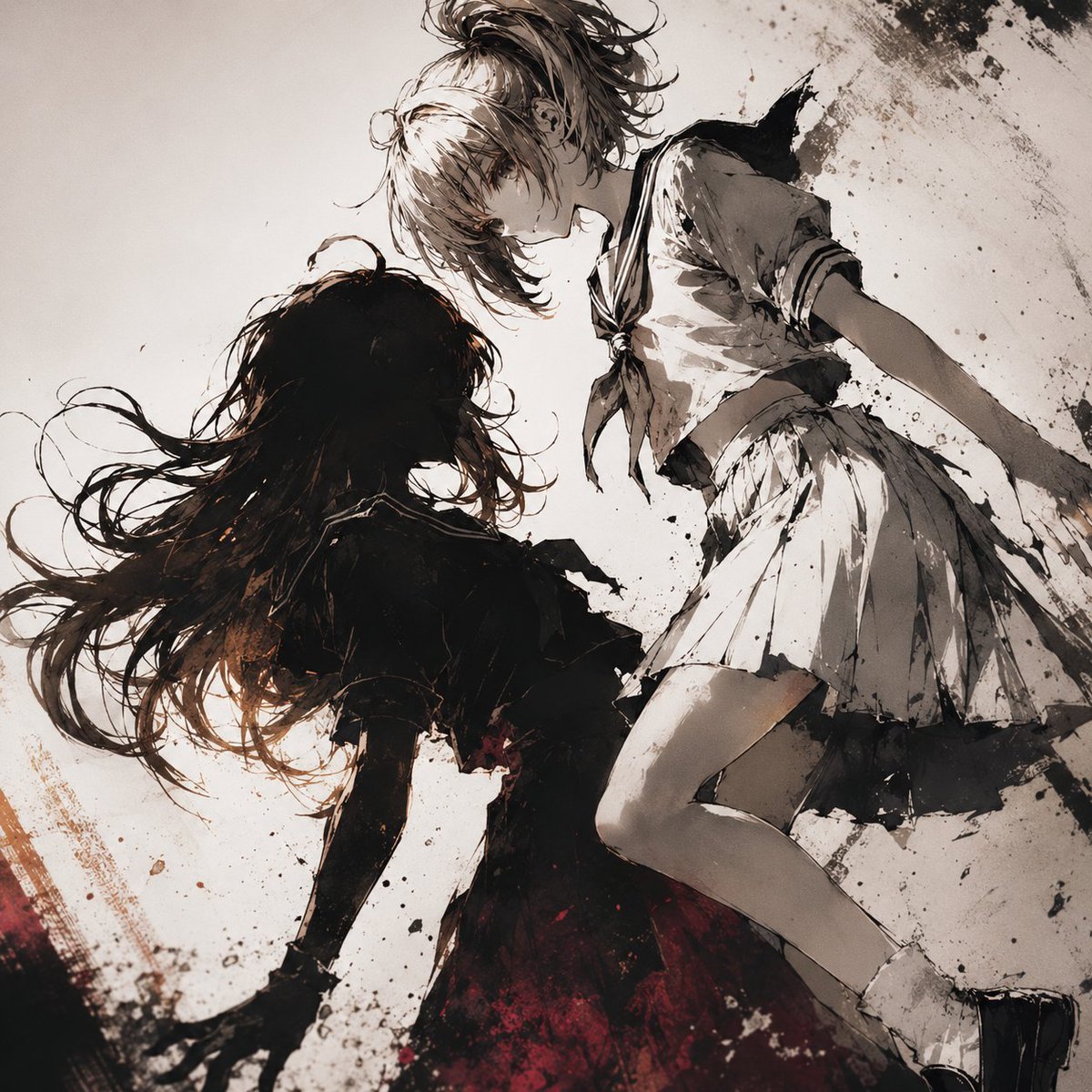 Dramatic Ink-Wash Anime Girl Duo — Sora 2 Prompt