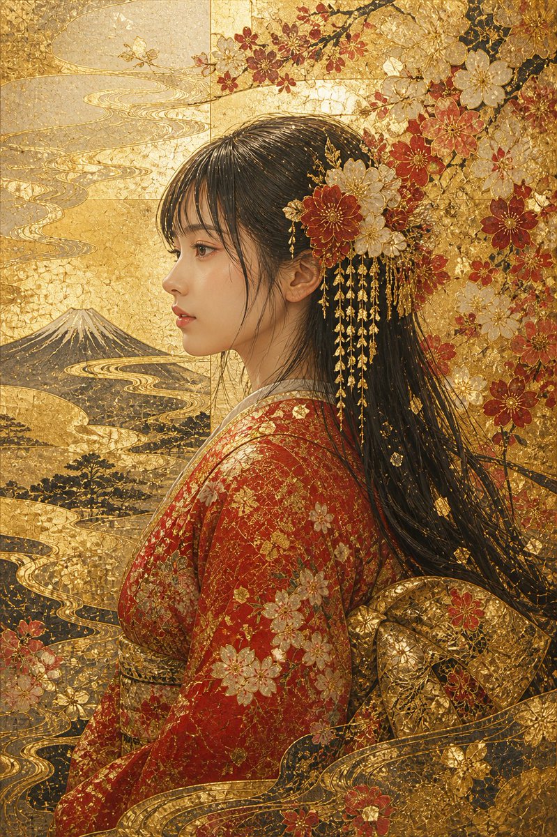 Japanese Gold Foil & Kimono Portrait — Kirikane Art Prompt
