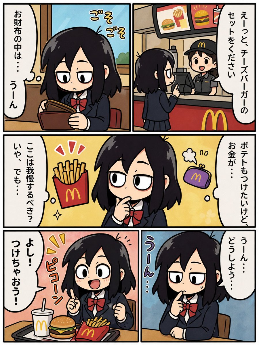 Cute Anime Schoolgirl Manga Page — Fast Food Dilemma Sora 2 Prompt