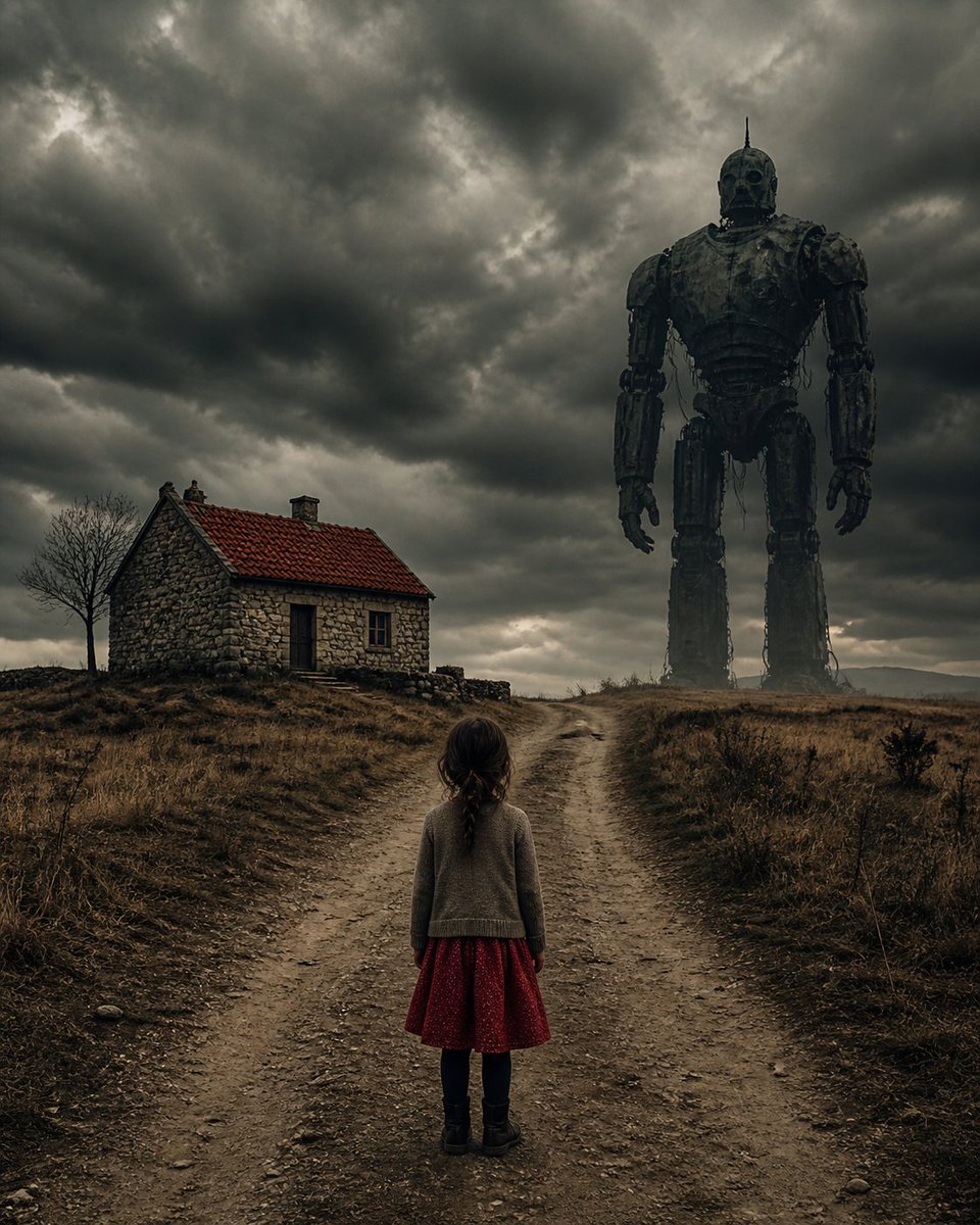 Dark Rural Sci-Fi — Girl & Giant Robot — Sora 2 Prompt