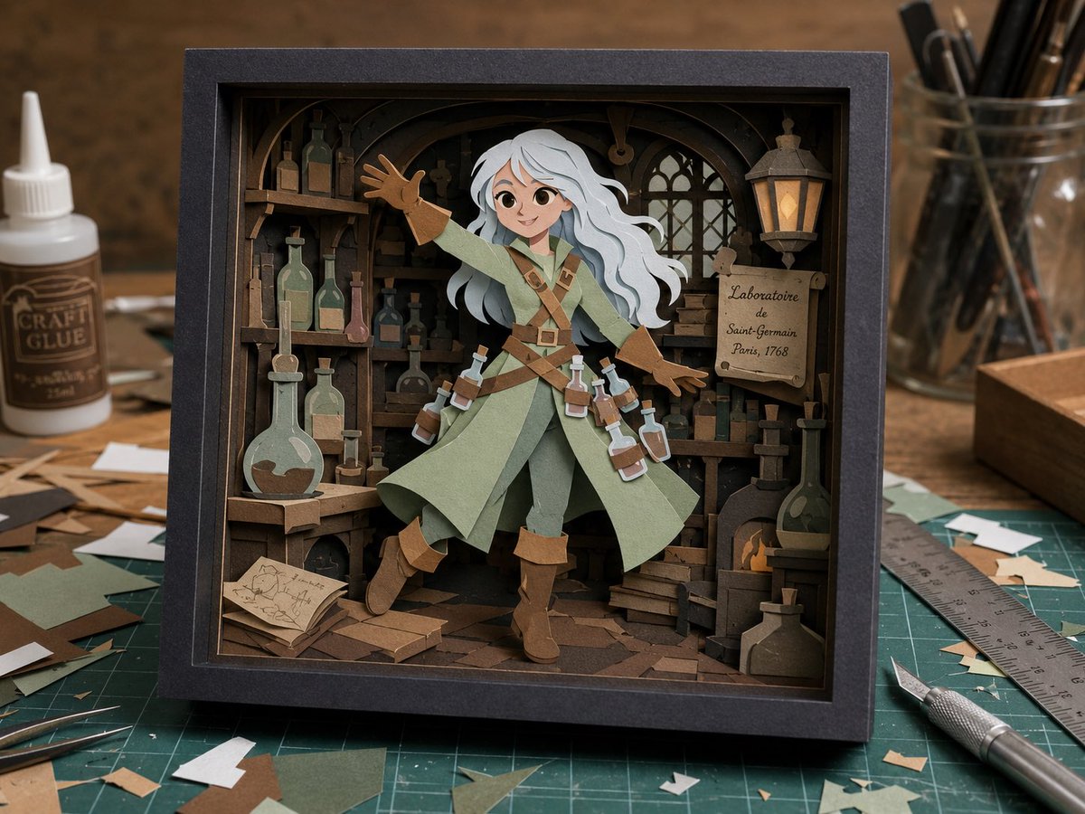 Layered Alchemist Shadow Box — Realistic Paper Diorama Prompt