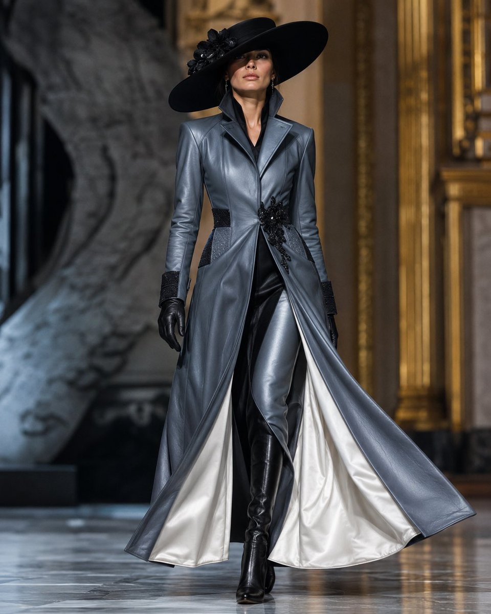 Haute Couture Palace Runway — Dramatic Leather Trench Coat Prompt