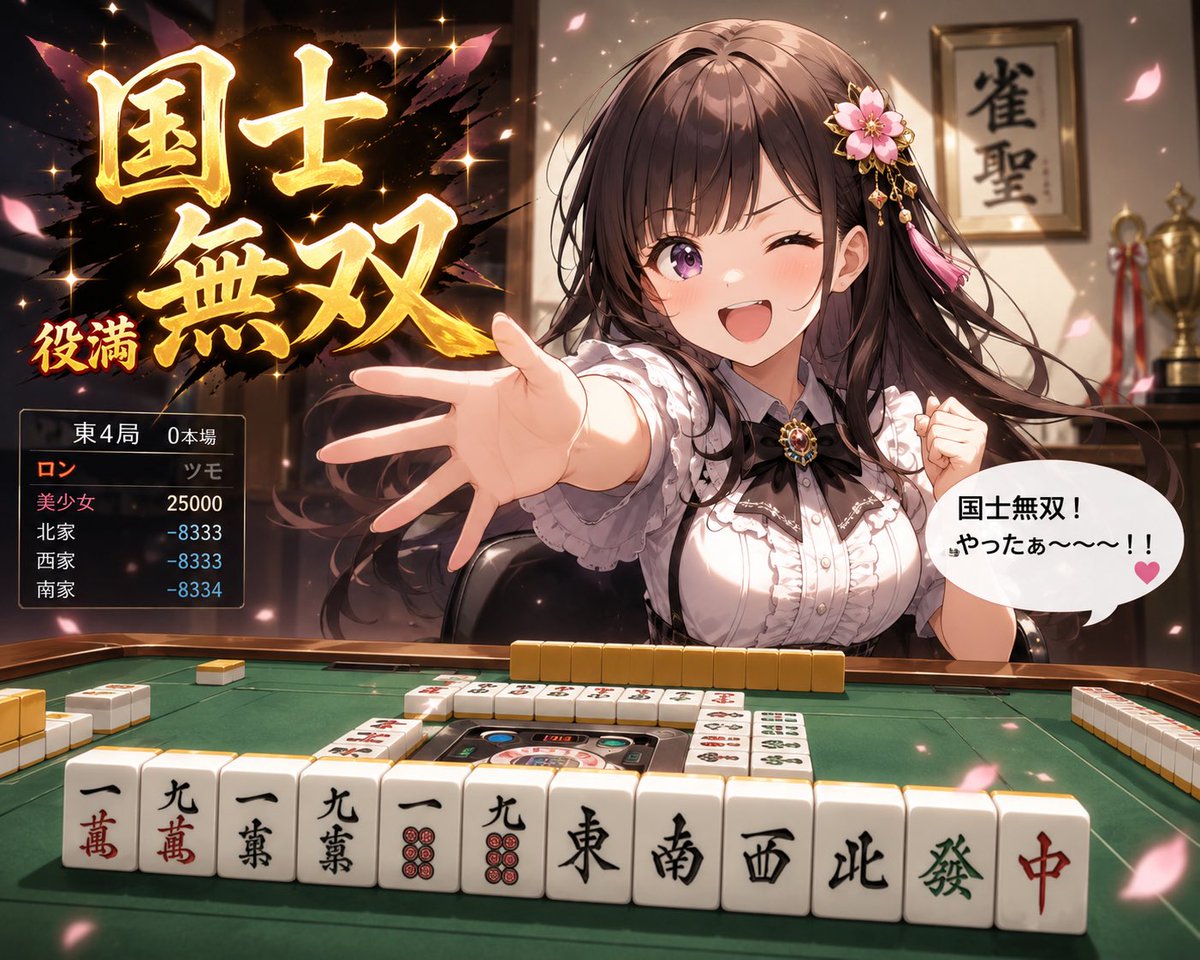 Anime Mahjong Win Scene with Yakuza Score UI — Sora 2 Prompt
