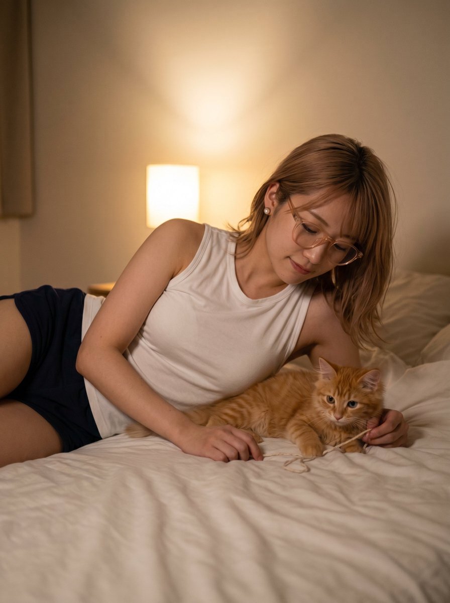 Woman Playing with Orange Tabby Cat on Cozy Bed — Sora 2 Prompt
