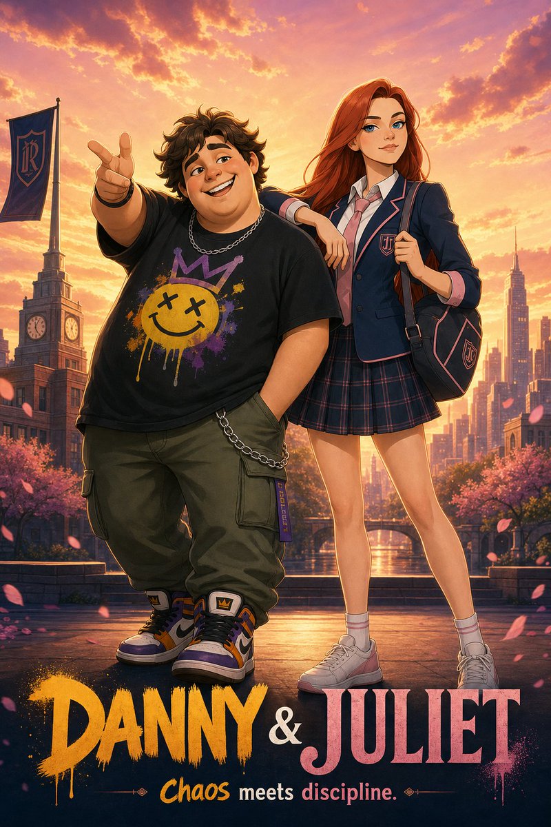 Anime School Duo Poster — Cinematic Sunset Campus Scene