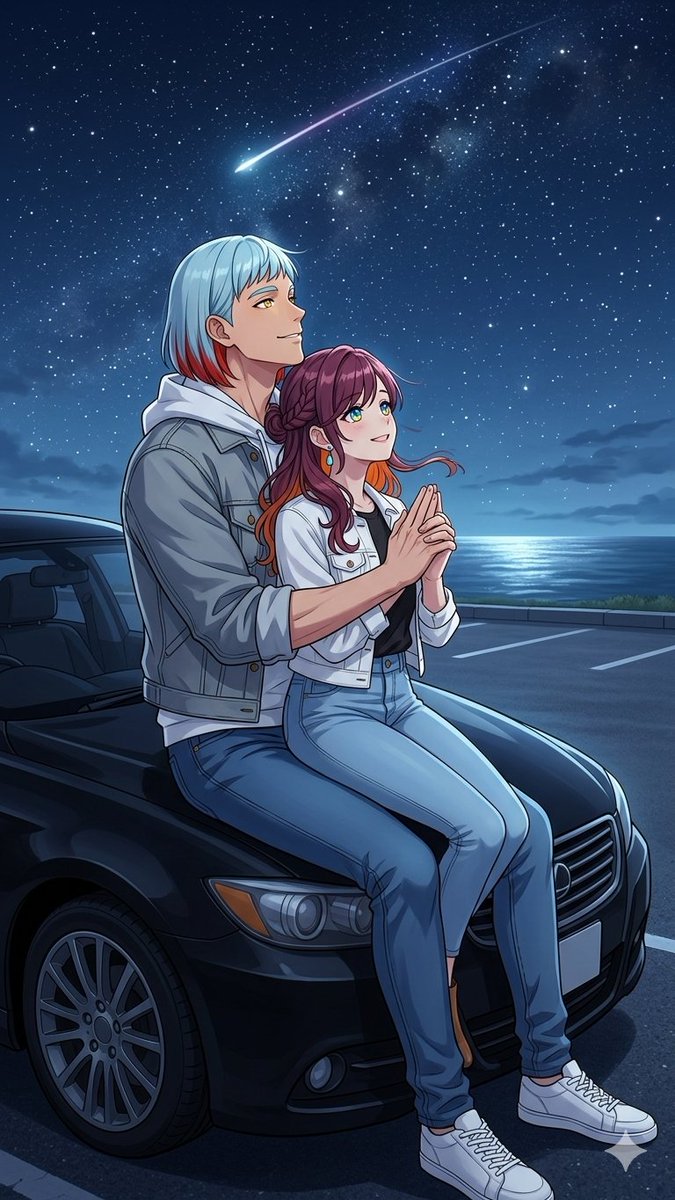 Anime Couple Shooting Star — Night Sky Car Wallpaper Prompt