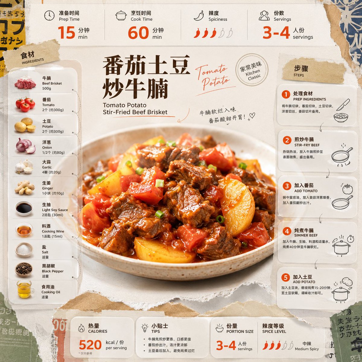 Bilingual Recipe Infographic — Tomato Potato Beef Brisket
