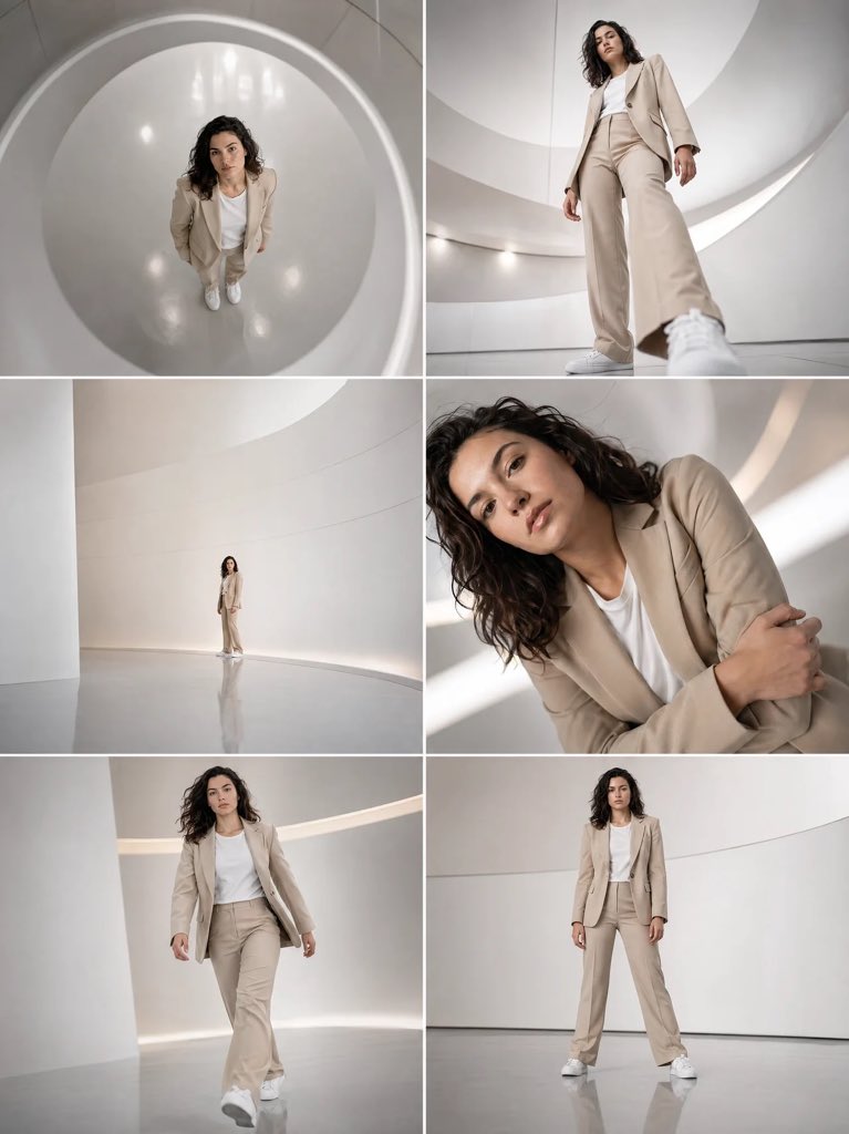 Minimalistische Mode-Collage — Beiger Anzug in futuristische