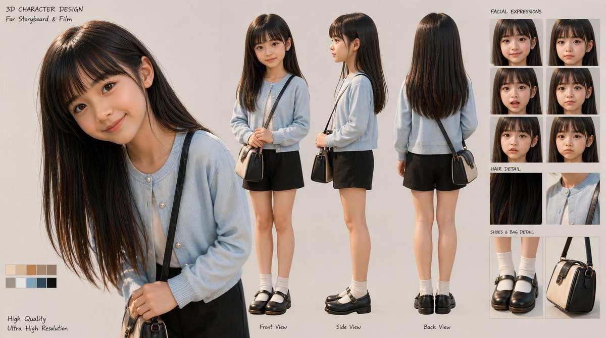 3D 女学生角色设计 — 表情与服装细节展示