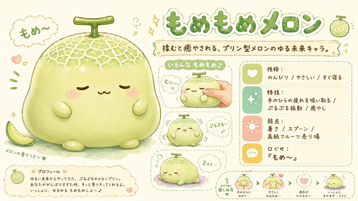Kawaii Melon Pudding Mascot Character Sheet — Soft Watercolor Prompt
