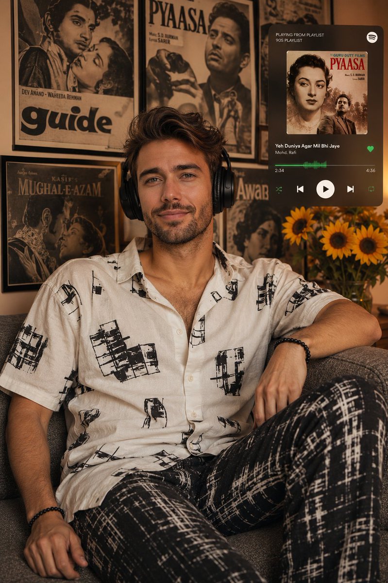 Retro Bollywood Portrait with Spotify Overlay — Sora 2 Prompt