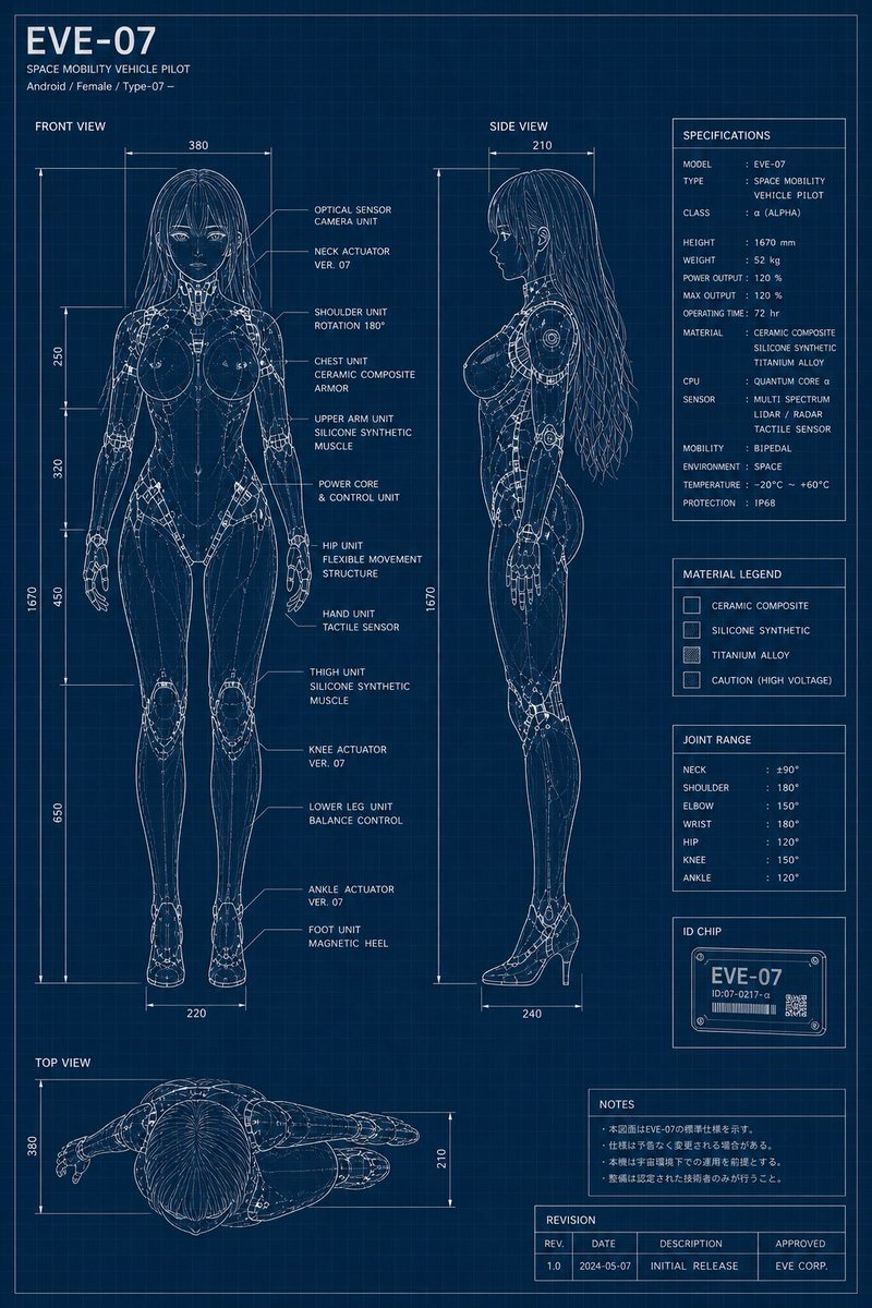 Android Blueprint Sheet Generator — Detailed Sci-Fi Schematics