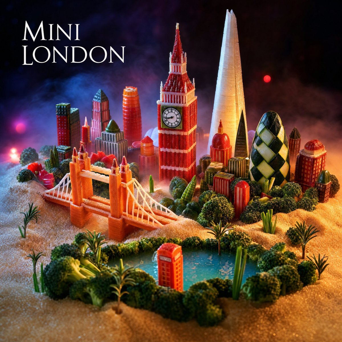 Candy London Landmarks in Golden Sugar Desert — Sora 2 Macro Prompt