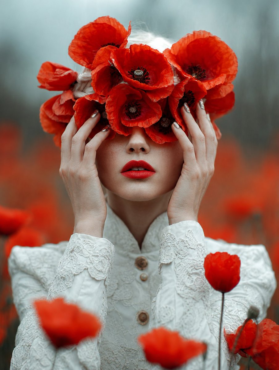 Red Poppies Portrait with Censored Face — Surreal AI Art Prompt