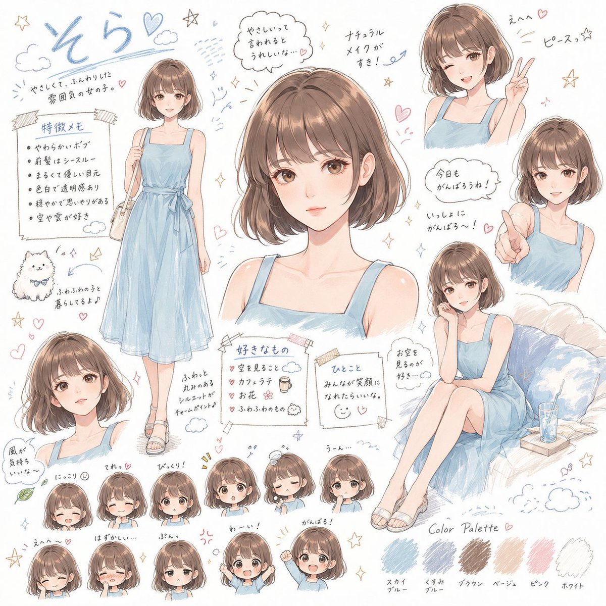 Soft Watercolor Bob-Hair Girl — Anime Character Sheet Prompt