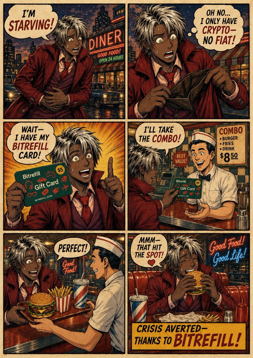 Retro Comic Ad Prompt — Bitrefill Fast Food Story