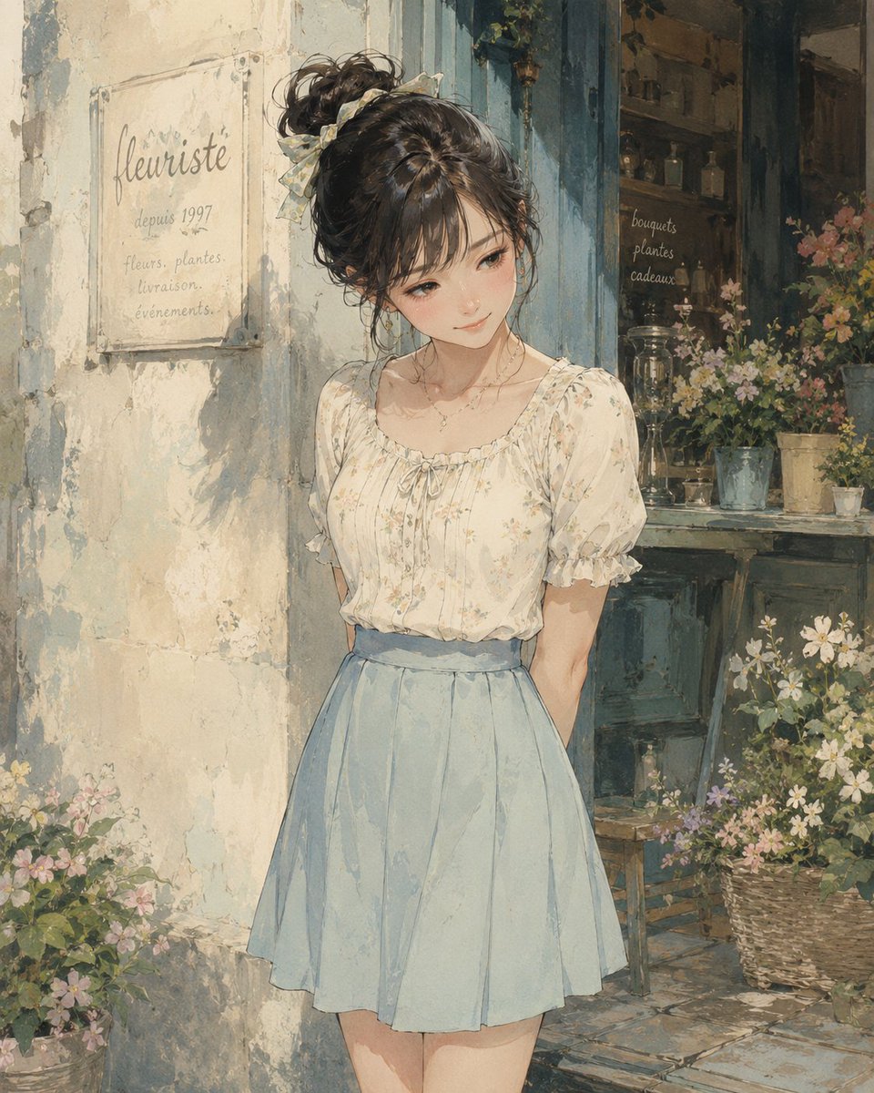Romantic Watercolor Anime Girl at a French Flower Shop — Sora 2 Prompt