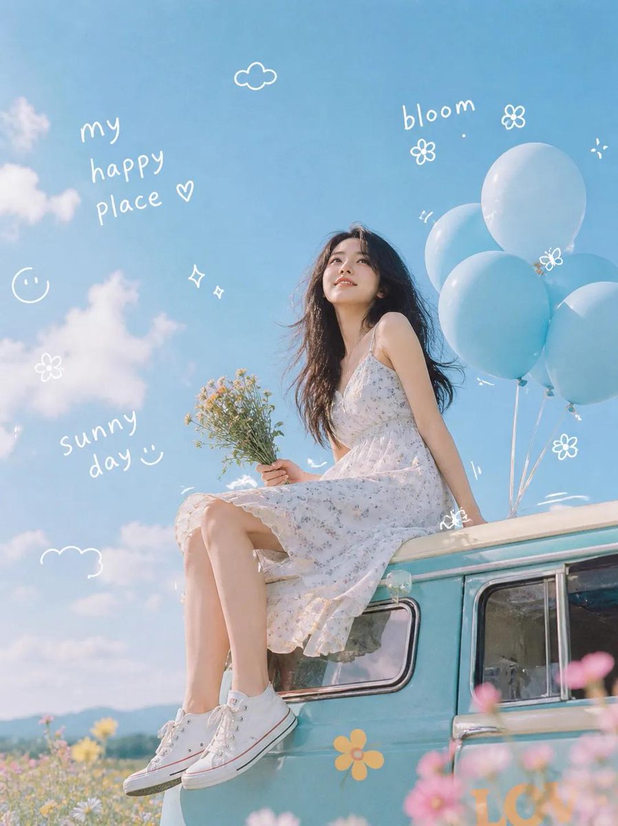 Dreamy Van Life Portrait — Flower Field & Pastel Sky Prompt