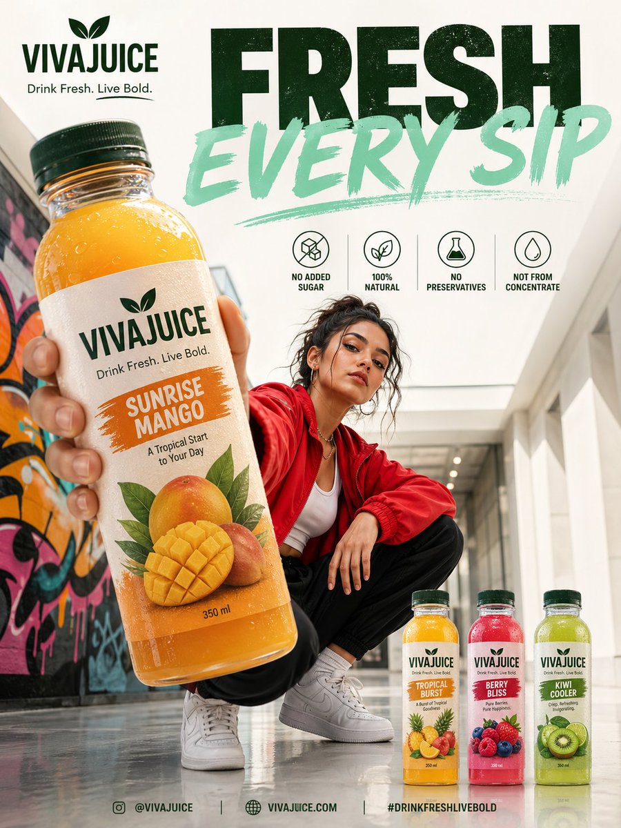 Bold Juice Ad Poster — Sora 2 Prompt with Lifestyle Model & Typography