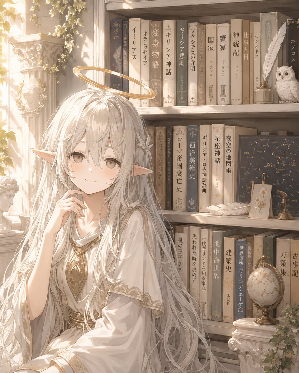 Faceless Elf Angel in Fantasy Library — Anime Prompt