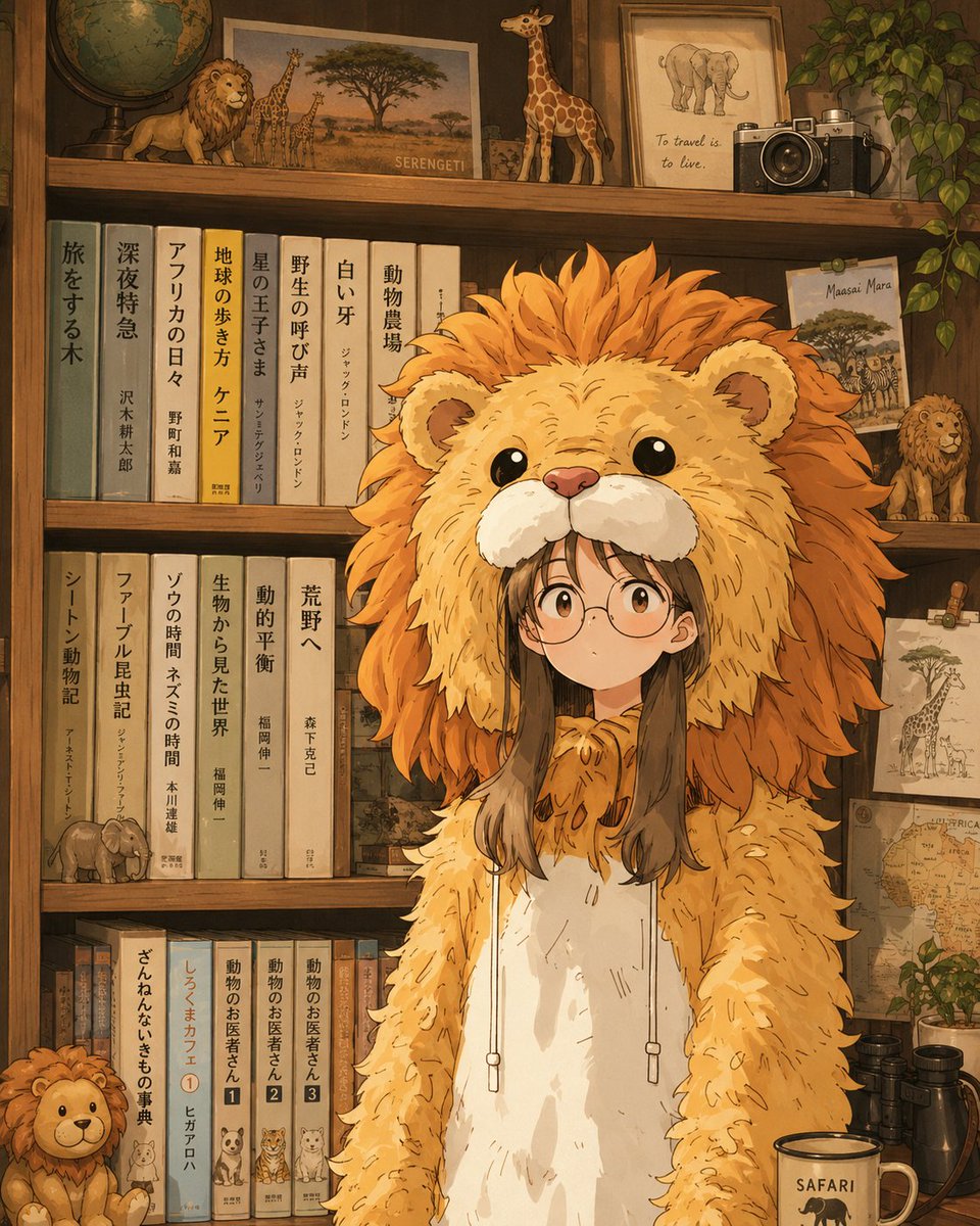 Cozy Safari Library Anime Portrait — Lion Onesie Prompt