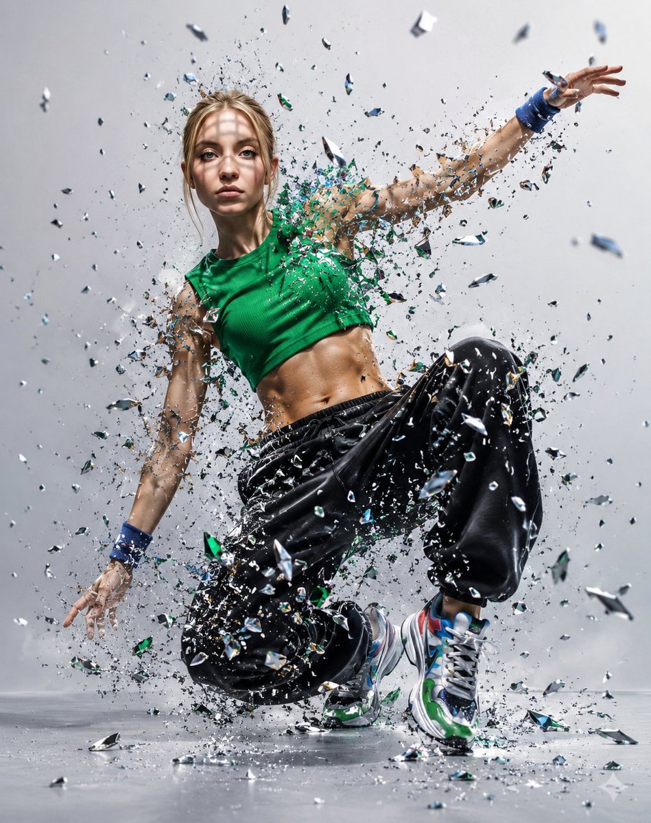 Shatter Dance Portrait — Hyperreal Street Dancer VFX Prompt